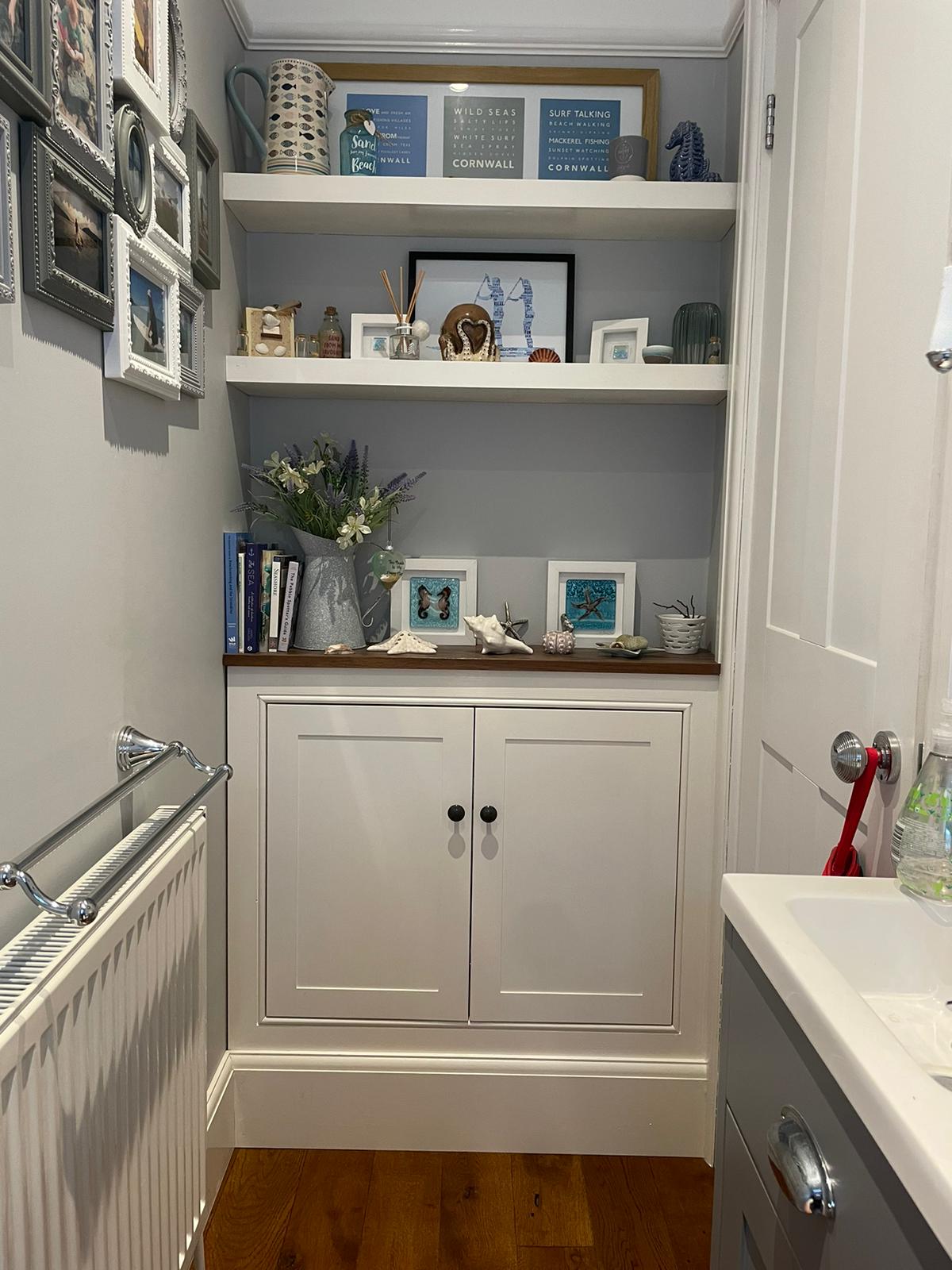 made and fitted bespoke shelves and cupboards, skirting, picture rails including painting